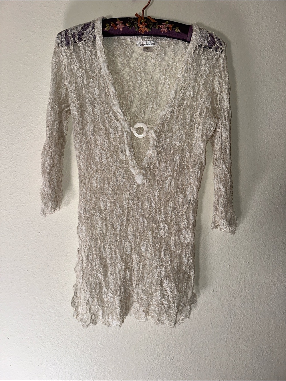 Sheer Ivory Lace V-Neck Tunic with Decorative Ring